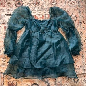 Altar'd State Teal Sheer Sleeve Mini Dress